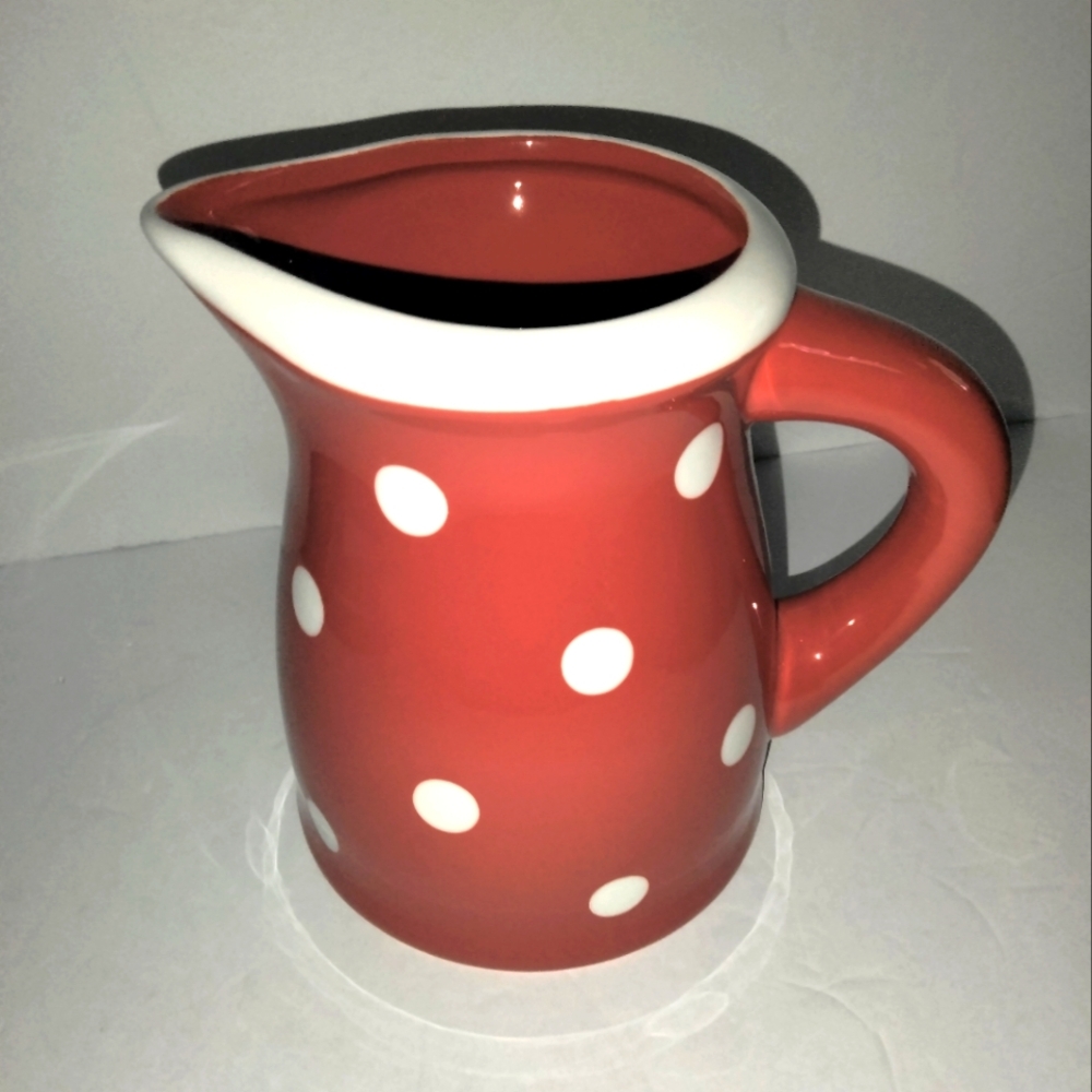 Terramoto Ceramic Red & White Polka Dot Handle Holiday Summer Decor Pitcher